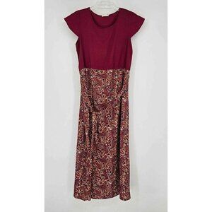 Peach Couture Maroon Paisley Tie Belt Elastic Waist Cap Sleeve Midi Dress Sz M